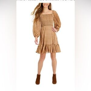 Plaid Smocked Dress with Puff Sleeves